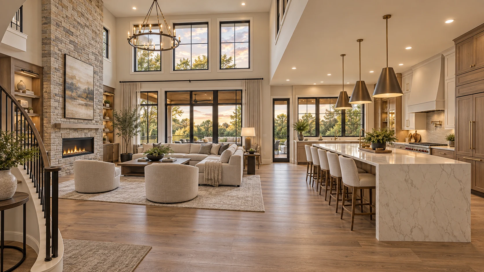 Conceptual open great room and kitchen illustrating a possible residential design direction