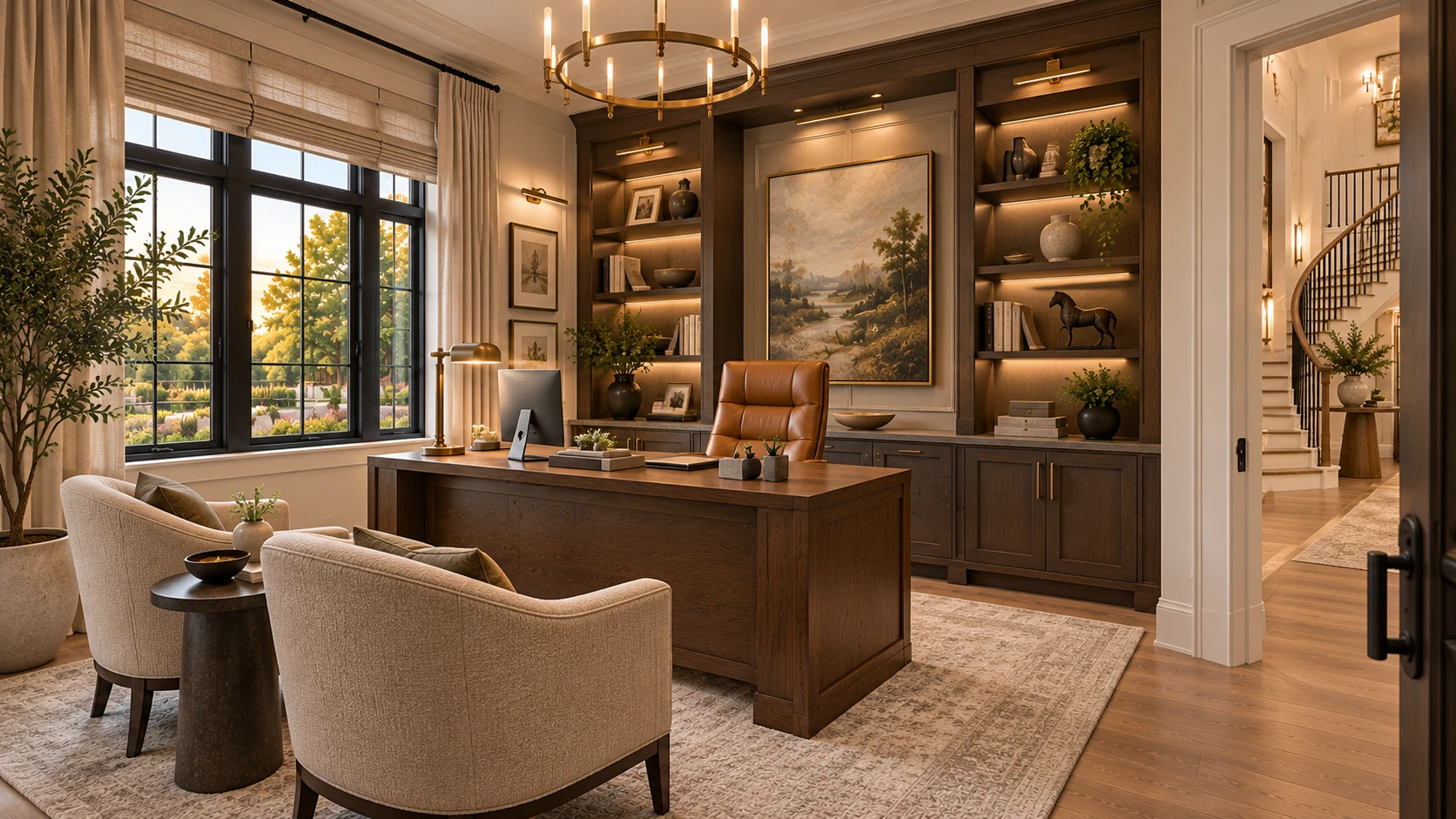 Conceptual executive study with dark wood built-ins, architectural lighting, an executive desk, and a view toward a curved staircase