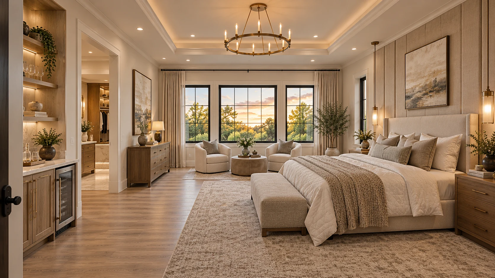 Conceptual primary bedroom with a warm neutral palette, tray ceiling, chandelier, sitting area, and built-in cabinetry